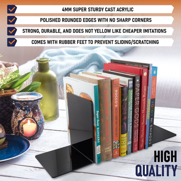 Acrylic Bookends, 2 Pairs of Clear Invisible Book Ends for Shelves, 4mm Heavy Duty Non Skid Book Holders for Books, Movies, DVDs, CDs, Video Games. Book Stopper for Home, Office, Library (Black)