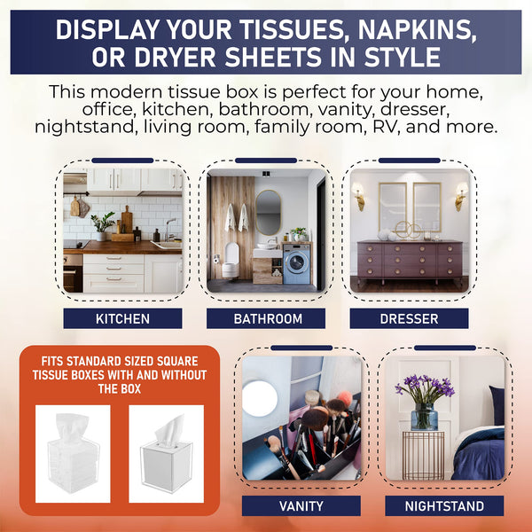 Acrylic Tissue Box Holder, Square Clear Tissue Box Dispenser for Facial Tissue, Napkins, Dryer Sheets. Perfect for Bathroom, Desks, Countertop, Vanity, Bedroom Dressers, Night Stands (Square, Clear)