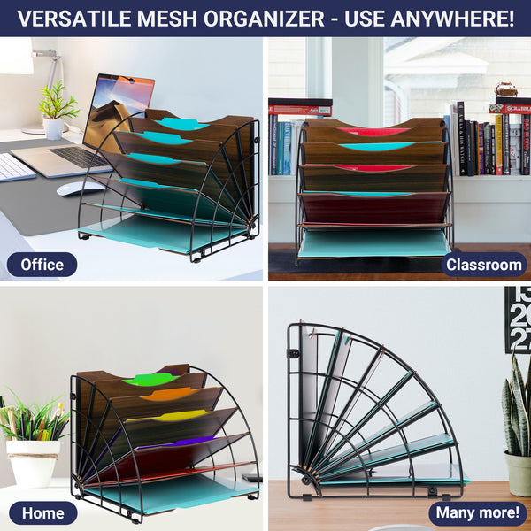 Fan Shaped Office Desk Organisers, 6 Compartments with Wood Patterned Shelves, Office Supplies Desk Organiser for Storage of Paper, Bills, Letters, Multi-Functional Desk Organisers and Accessories