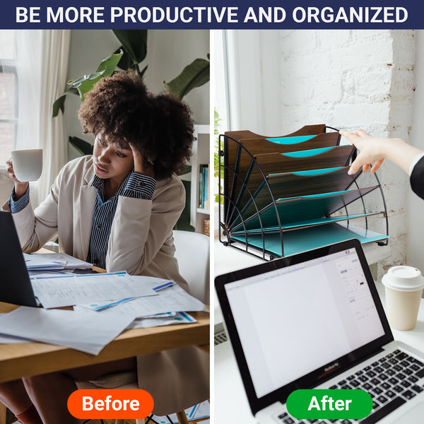 Fan Shaped Office Desk Organisers, 6 Compartments with Wood Patterned Shelves, Office Supplies Desk Organiser for Storage of Paper, Bills, Letters, Multi-Functional Desk Organisers and Accessories