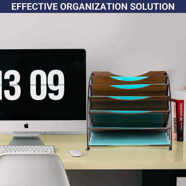 Fan Shaped Office Desk Organisers, 6 Compartments with Wood Patterned Shelves, Office Supplies Desk Organiser for Storage of Paper, Bills, Letters, Multi-Functional Desk Organisers and Accessories