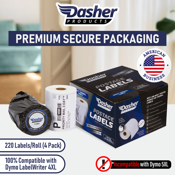 Dasher Products Thermal Shipping Labels Compatible with Dymo LabelWriter 4XL 1744907 4x6 Internet Postage Labels, Water Resistant, Strong Adhesive, Perforated, 220 Labels/Roll, NOT for 5XL (4 Pack)