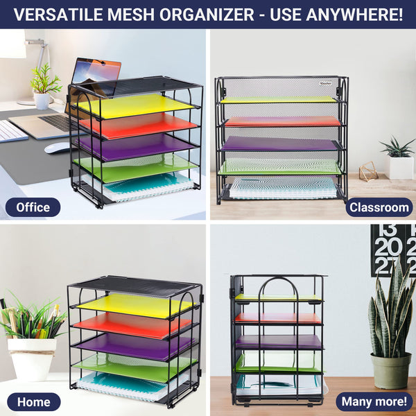 Five Tier Office Desk Organizers, No Tools Required for Assembly, Letter Tray in Black Metal Mesh for Organizing Files, Papers, Bills, Folders, Binders. Office Desk Organizers and Accessories