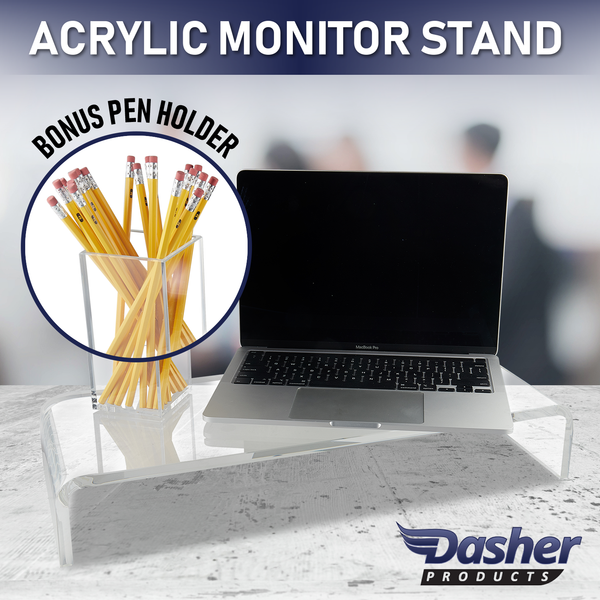 Acrylic Monitor Stand with Matching Pen Holder, 12mm Thick Clear Acrylic Monitor Riser, Laptop Stand for Home, Office, and Work. Computer Desk Riser with Keyboard Storage for LCD LED TV Screen (Clear)