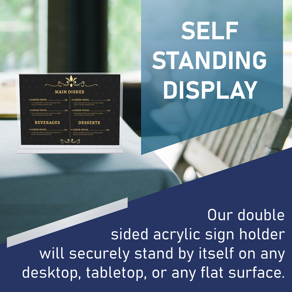 Acrylic Sign Holder 11 x 8.5 - Acrylic T Shape Table Top Display Stand, 6 Pack, Double Sided, Bottom Load, Landscape Style Menu Ad Frame. Perfect for Restaurants, Promotions, Photo Frames, Classroom
