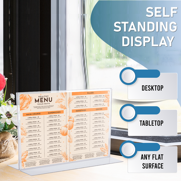 Acrylic Sign Holder 11 x 8.5 - Acrylic T Shape Table Top Display Stand, 3 Pack, Double Sided, Bottom Load, Landscape Style Menu Ad Frame. Perfect for Restaurants, Promotions, Photo Frames, Classroom