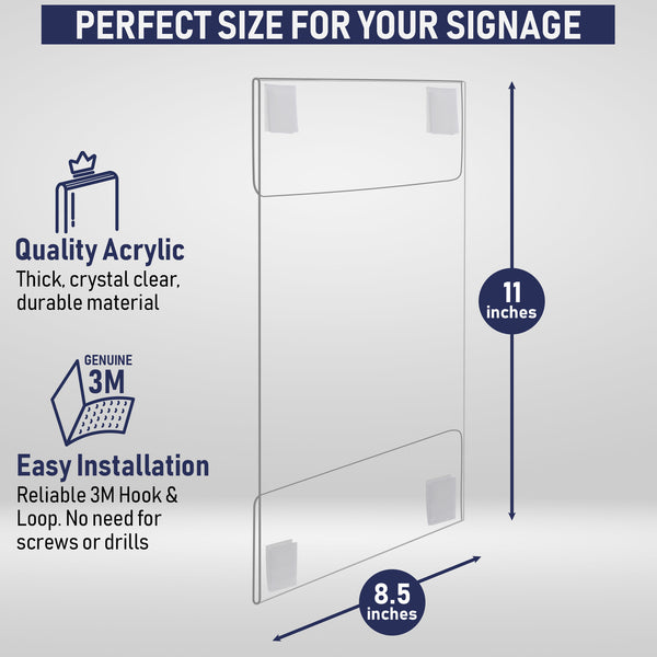 Acrylic Sign Holder with Hook and Loop Adhesive, 8.5 x 11 inches - Portrait or 11 x 8.5 inches - Landscape, Clear Wall Mount Frame, Perfect for home, office, store, restaurant (6 Pack)