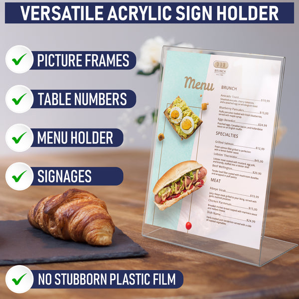 Acrylic Sign Holder 8.5 x 11, Slant Back Acrylic Display Stands, A Frame Flyer Holder for Office, Paper Stand Menu Holder, Table Sign Holders, Sign Holder Stand, Acrylic Stands for Display (6 Pack)