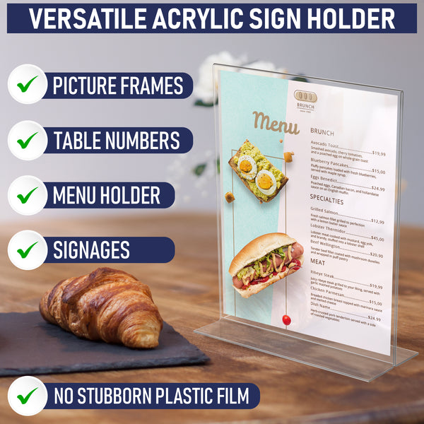 Acrylic Sign Holder 8.5 x 11 - T-Shape Double Sided Acrylic Table Signs Stand with Wide Base, Plastic Sign Holder for Table Top Signs and Acrylic Table Signs, Menu Holder, Paper Display Stand (6 Pack)