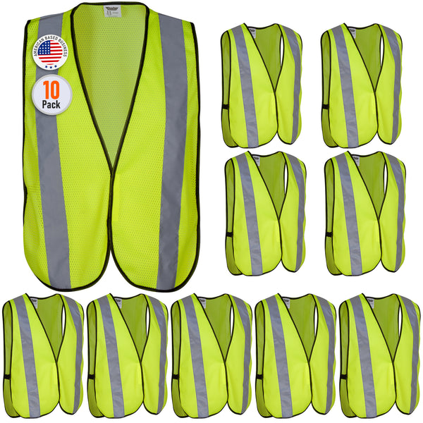 Safety Vest with High Visibility - 2 Inch Reflective Strips, Bright Neon Yellow, Breathable Polyester Mesh Fabric, ANSI ISEA Class Unrated, Hi Viz All Day and Night (10 Pack - XL-XXXL)