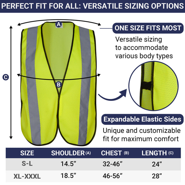 Safety Vest with High Visibility - 2 Inch Reflective Strips, Bright Neon Yellow, Breathable Polyester Mesh Fabric, ANSI ISEA Class Unrated, Hi Viz All Day and Night (10 Pack - Small-Large)