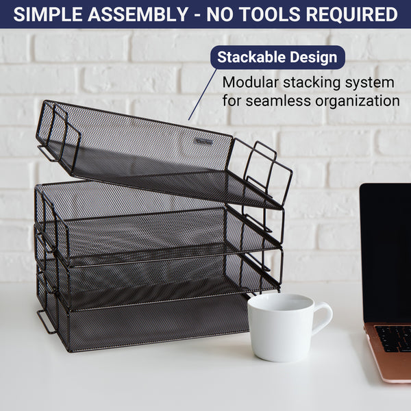 Stackable Paper Tray Desk Organizer – 4 Tier Metal Mesh Letter Organizers for Business, Home, School, Stores and More, Organize Files, Folders, Letters, Paper, Binders