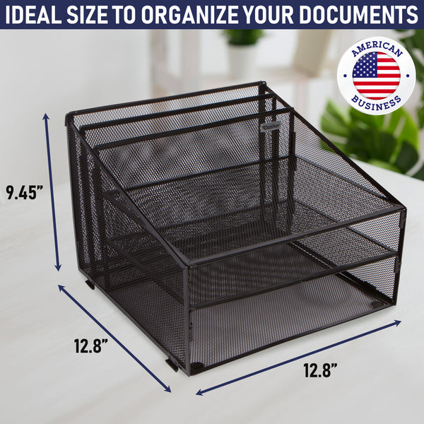 Office Desk Organizer Metal Mesh with 3 Paper Trays and 2 Vertical Upright Sections, Desktop File Holder for Letter Size A4, Folders, Stationary, and Desk Accessories