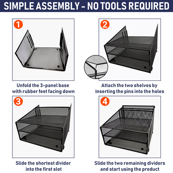 Office Desk Organizer Metal Mesh with 3 Paper Trays and 2 Vertical Upright Sections, Desktop File Holder for Letter Size A4, Folders, Stationary, and Desk Accessories