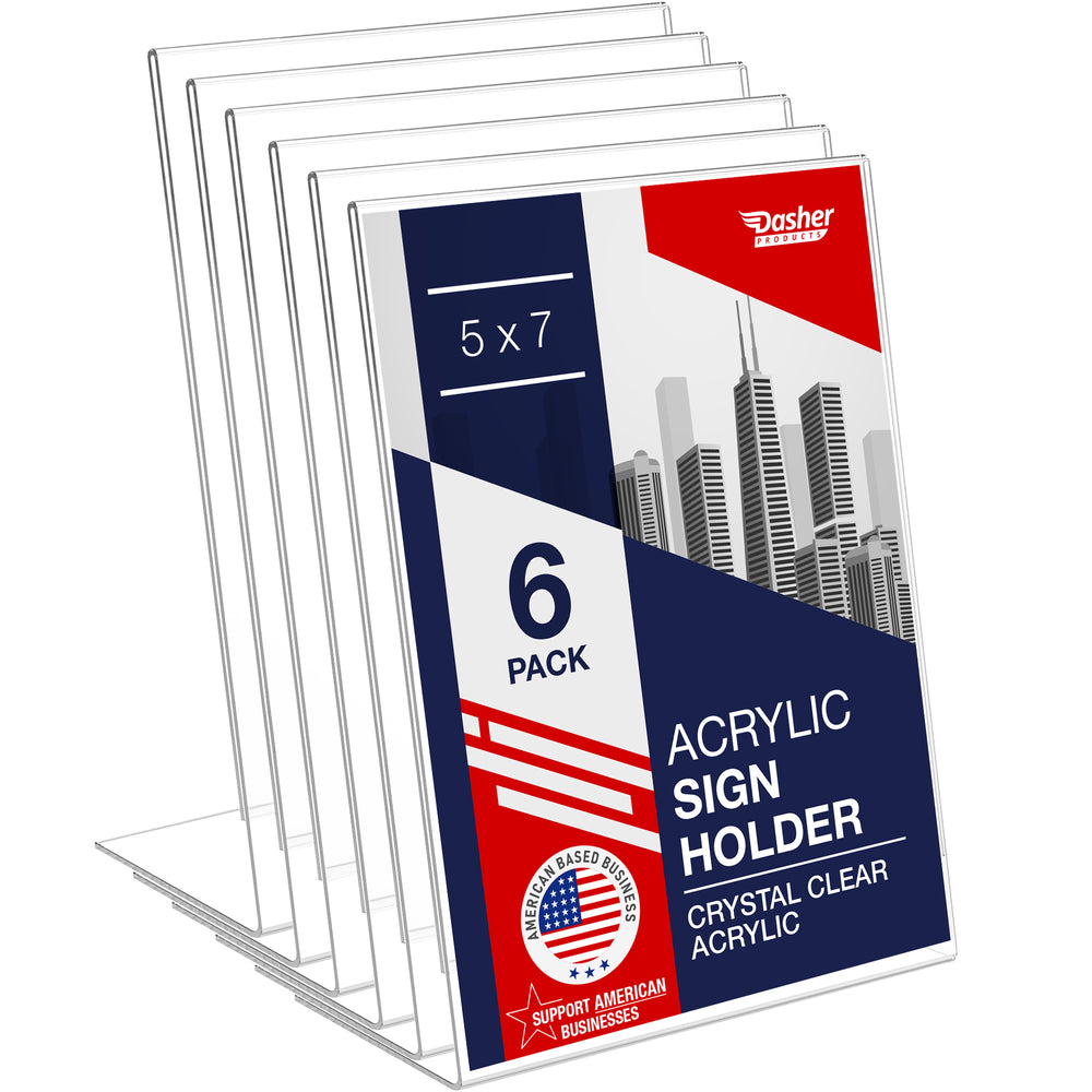 Slant Back Acrylic Sign Holder 5x7 - Clear Picture Frame Stand, 5 x 7 Inches Photo Frames Display for Sign, Menu, Document, Picture, Flyer, and More. Slant Ad Photo Frame Display Holders (6 Pack)