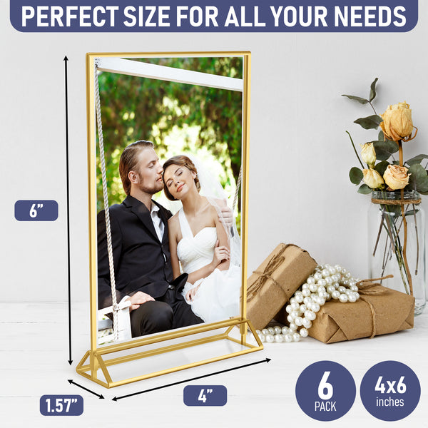 Dasher Products Gold Picture Frames Double Sided - 6 Pack - 4x6 Acrylic Gold Table Number Holders, Clear Easel Table Stands for Signs, Gold Frames for Wedding Table Numbers, Menu Holder, Photo Frame