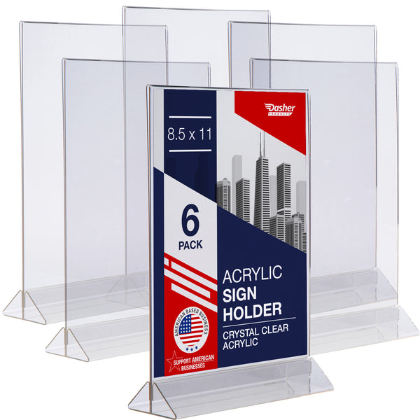 Acrylic Sign Holder 8.5 x 11 - T Shape Menu Holder with Easy Bottom Loading Design, 8.5x11 Plastic Sign Holder for Signs, Brochure, Flyer, Menu, Display, and More. Double Sided Display Stands (6 Pack)
