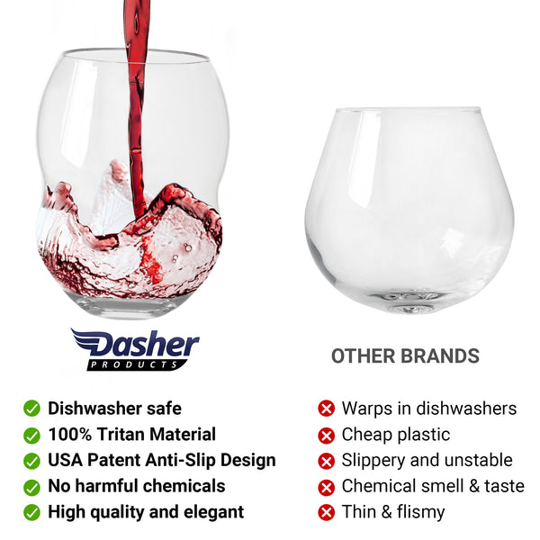 Unbreakable Plastic Stemless Wine Glasses 18 oz - 100% Tritan - Proprietary Anti Slip Design - BPA Free, Dishwasher Safe, Shatterproof - Heavy Duty Base and Extra Thick Glassware Tumblers - Set of 4