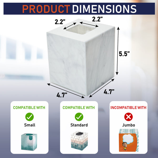 Acrylic Tissue Box Holder, Square Tissue Box Dispenser for Facial Tissue, Napkins, Dryer Sheets. Perfect for Bathroom, Desks, Countertop, Vanity, Bedroom Dressers, Night Stands (Square, Marble)