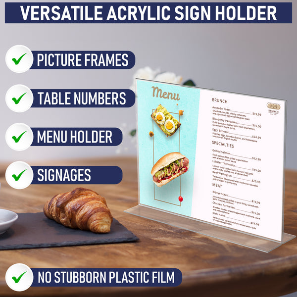 Acrylic Sign Holder 11 x 8.5 - Acrylic T Shape Table Top Display Stand, 6 Pack, Double Sided, Bottom Load, Landscape Style Menu Ad Frame. Perfect for Restaurants, Promotions, Photo Frames, Classroom