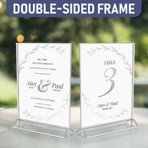 Silver Picture Frames Double Sided - 6 Pack - 5x7 Acrylic Silver Table Number Holders, Clear Easel Table Stands for Signs, Silver Frames for Wedding Table Numbers, Menu Holder, Photo Frame