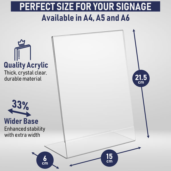 Slant Back Acrylic Sign Holder A5, 6 Pack, Portrait Ad Frames, Clear Picture Frame for Signs, Brochure, Flyer, Menu, Paper, Poster, Display. Slanted Plastic Message Board Stand for Home, Office, Store