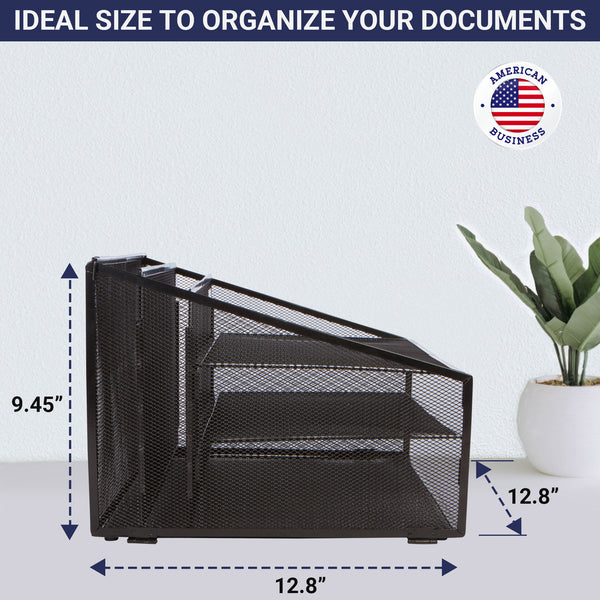 Office Desk Organizer Metal Mesh with 3 Paper Trays and 2 Vertical Upright Sections, Desktop File Holder for Letter Size A4, Folders, Stationary, and Desk Accessories