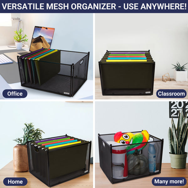 Hanging File Organizer Mesh Box - File Organizer Box Supports Letter Sized and Legal Sized Hanging Folders, Modern Black Metal Mesh Hanging File Crate, Collapsible File Organizer for Home or Office