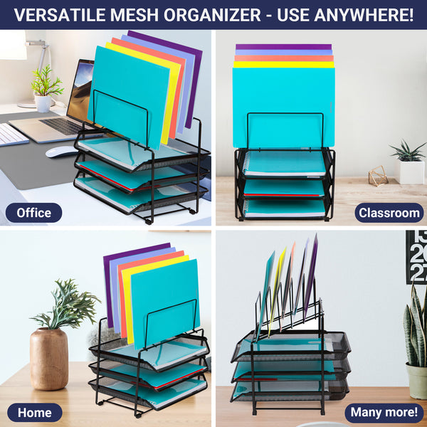 Mesh Desk Organizer and Storage - Office Organizer with 3 Sliding Letter Trays and 5 Vertical File Holders, File Rack for Binders, Folders, Clipboards. Steel Mesh Letter Trays for Desk Organization