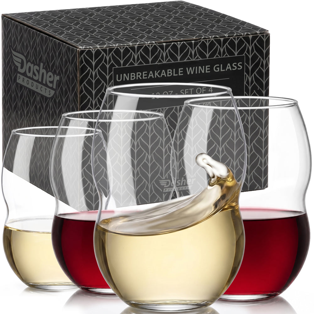 Unbreakable Plastic Stemless Wine Glasses 18 oz - 100% Tritan - Proprietary Anti Slip Design - BPA Free, Dishwasher Safe, Shatterproof - Heavy Duty Base and Extra Thick Glassware Tumblers - Set of 4