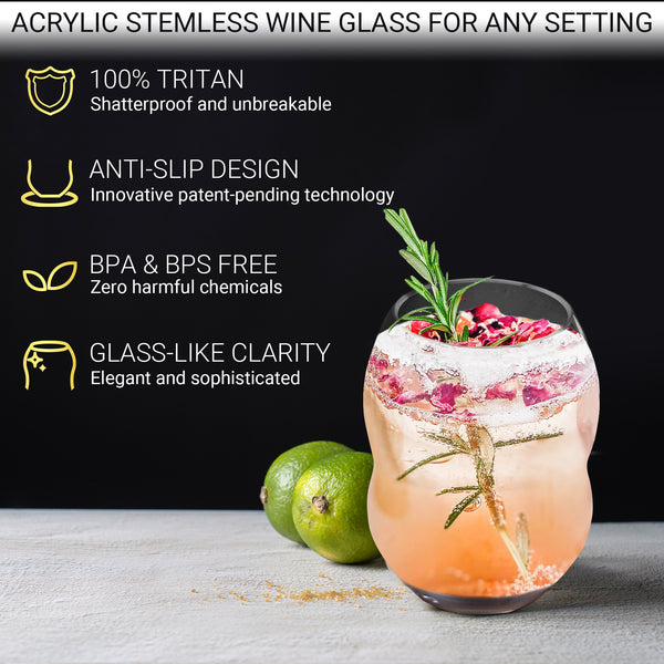 Unbreakable Plastic Stemless Wine Glasses 18 oz - 100% Tritan - Proprietary Anti Slip Design - BPA Free, Dishwasher Safe, Shatterproof - Heavy Duty Base and Extra Thick Glassware Tumblers - Set of 4