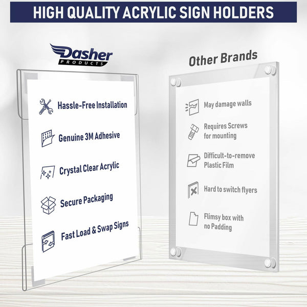 Acrylic Sign Holder with Hook and Loop Adhesive, 5 x 7 inches - Portrait or 7 x 5 inches - Landscape, Clear Wall Mount Frame, Perfect for home, office, store, restaurant (6 Pack)