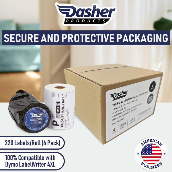 Dasher Products Thermal Shipping Labels with RFID Chip Compatible with Dymo LabelWriter 5XL 1744907 4x6 Internet Postage Labels, Water Resistant, Strong Adhesive, Perforated, 220 per Roll (4 Pack)