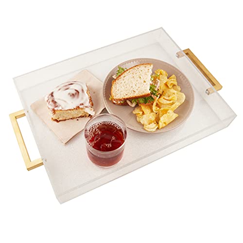 Acrylic Serving Tray with Gold Handles, 16" x 12" Decorative Trays for Coffee Table, Spill Proof Food Drinks Server, Ottoman Tray for Countertop, Kitchen, Vanity, Serving Party Platter (Clear Glitter)