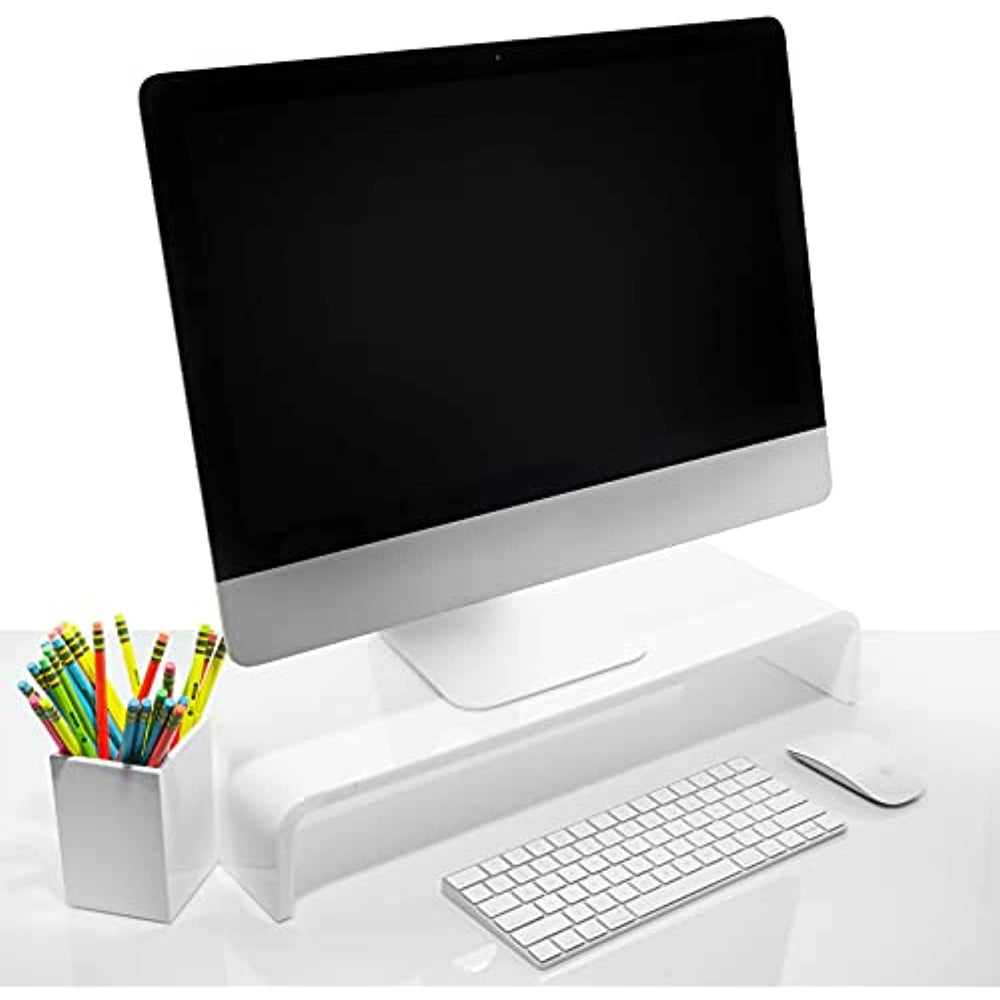 Acrylic Monitor Stand with Matching Pen Holder, 12mm Thick Clear Acrylic Monitor Riser, Laptop Stand for Home, Office, and Work. Computer Desk Riser with Keyboard Storage for LCD LED TV Screen (White)