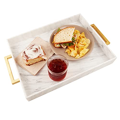 Acrylic Serving Tray with Gold Handles, 16" x 12" Decorative Trays for Coffee Table, Spill Proof Food and Drinks Server, Ottoman Tray for Countertop, Kitchen, Vanity, Serving Party Platter (Marble)