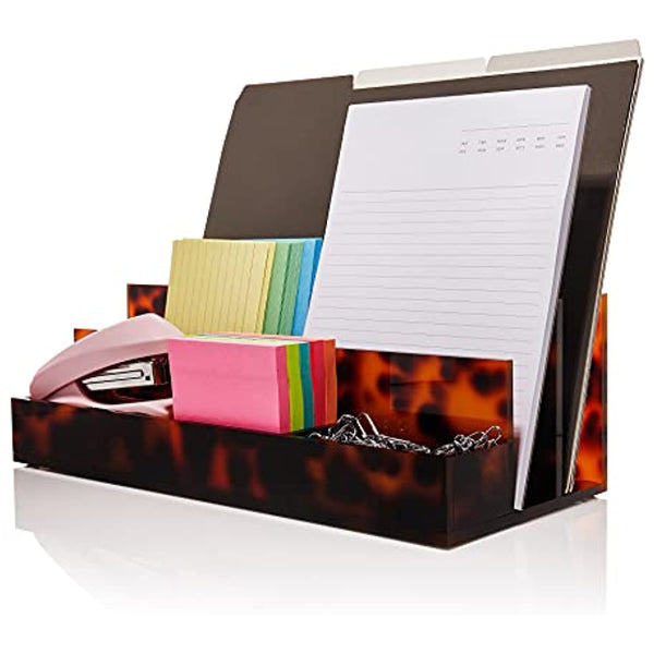 Acrylic Desk Organizer for Office Supplies and Desk Accessories, 12.5” x 5.5” x 4” and 5mm Acrylic Valet to Organize Documents, Mail, Paper Clips, Sticky Notes, Tablet, Other Storage (Tortoise Shell)