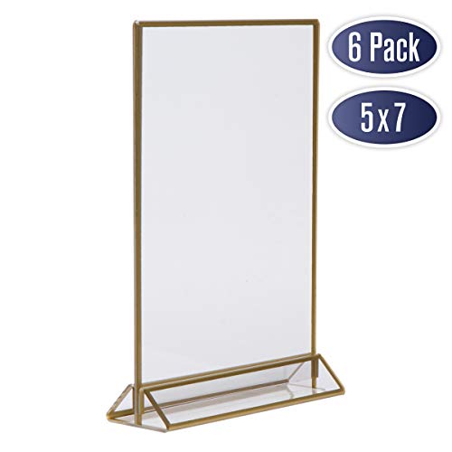 Dasher Products Gold Picture Frames Double Sided - 6 Pack - 5x7 Acrylic Gold Table Number Holders, Clear Easel Table Stands for Signs, Gold Frames for Wedding Table Numbers, Menu Holder, Photo Frame