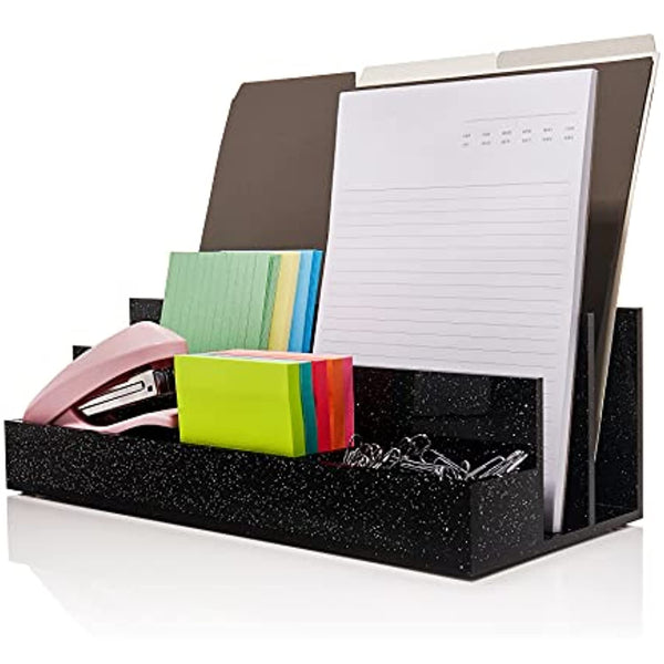 Acrylic Desk Organizer for Office Supplies and Desk Accessories, 12.5” x 5.5” x 4” and 5mm Acrylic Valet to Organize Documents, Files, Paper Clips, Sticky Notes, Tablet, Other Storage (Black Glitter)