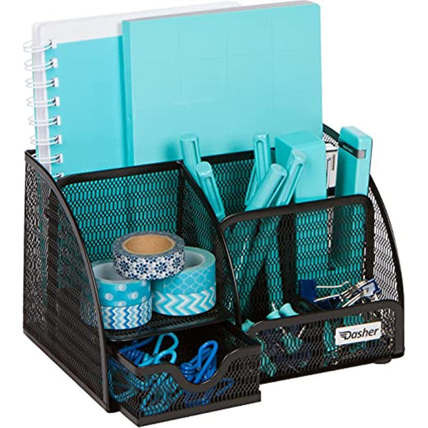 Office Desk Organizers and Accessories - New 2021 Model - 6 Compartment Black Mesh Office Organizer with Sliding Drawer, Desktop Organizer Caddy for Storing Pens, Pencils, Notepads, Staplers, Bills, Paper Clips (Black - 1 pc)
