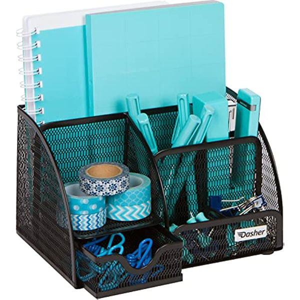 Office Desk Organizers and Accessories - 6 Compartment Black Mesh Office Organizer with Sliding Drawer, Desktop Organizer Caddy for Storing Pens, Pencils, Notepads, Staplers, Bills, Paper Clips
