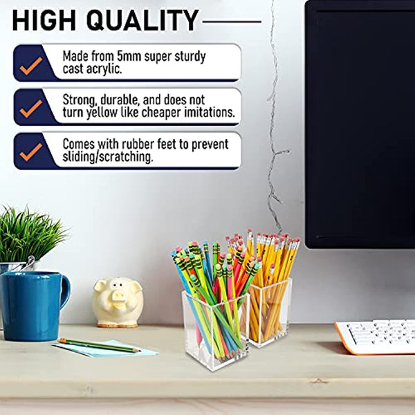 Acrylic Pen Holder Two Pack, 5mm Clear Pencil Holder for Desk, Storing Office Supplies, Makeup Brush Holders, Toothbrush, Hairbrush, Pencil Cup, Stationery, Pen Organizer, 3x3x4.5 Inches (Clear)