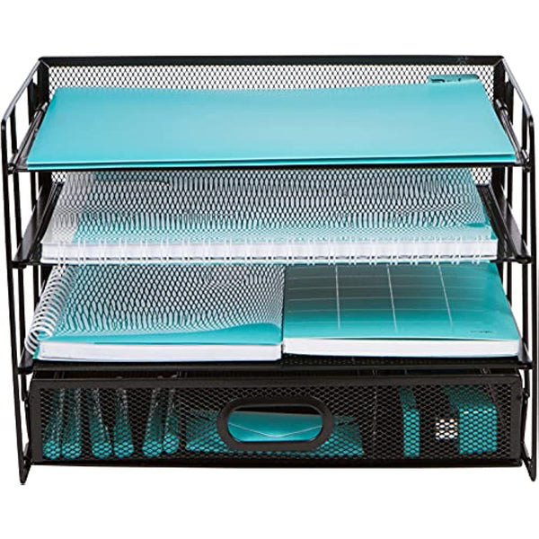 Mesh Office Organizer for Desk � Desk Organizer with 4 Tiers and Sliding Drawer for Storing Office Supplies, Files, Folders, Pens, Pencils. Black Desktop Organizers for Home or Office Storage (4 Tier)