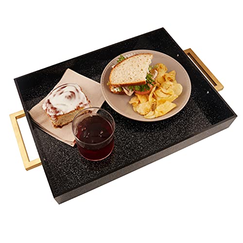 Acrylic Serving Tray with Gold Handles, 16" x 12" Decorative Trays for Coffee Table, Spill Proof Food Drinks Server, Ottoman Tray for Countertop, Kitchen, Vanity, Serving Party Platter (Black Glitter)