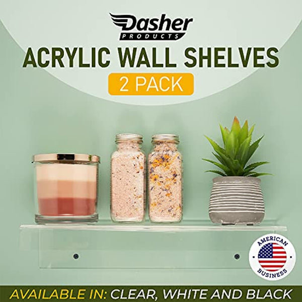 Clear Acrylic Floating Wall Shelves, Two Pack, 15 Inch Wall Bookshelf for Kids, 5 mm Acrylic Shelves for Kitchen, Shower, Nursery. Spice Rack, Display Organizer, Bathroom Storage Shelves (Clear)