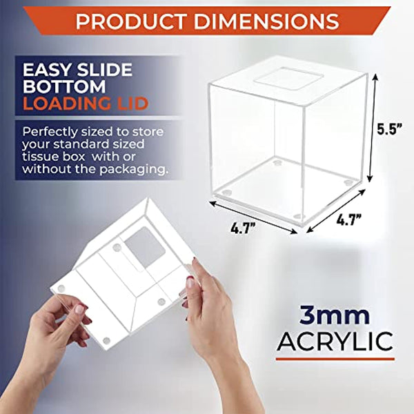 Acrylic Tissue Box Holder, Square Clear Tissue Box Dispenser for Facial Tissue, Napkins, Dryer Sheets. Perfect for Bathroom, Desks, Countertop, Vanity, Bedroom Dressers, Night Stands (Square, Clear)