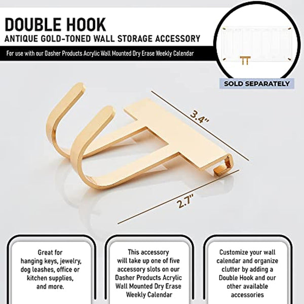 Gold Double Wall Hook Accessory for Acrylic Clear Calendar for Wall, Modern Gold Toned Metal Wall Hook for Hanging Keys, Jewelry, Office Supplies, Kitchen Accessories, and More. (Wall Hook)