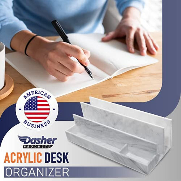 Acrylic Desk Organizer for Office Supplies and Desk Accessories, 12.5� x 5.5� x 4� and 5mm Acrylic Valet to Organize Documents, Files, Mail, Paper Clips, Sticky Notes, Tablet, Other Storage (Marble)