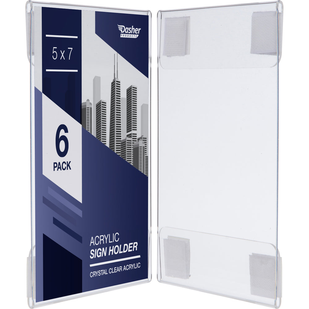 Wall Mount Acrylic Sign Holder - 5 x 7 Inches Portrait or 7 x 5 Inches Landscape Photo Frames with Hook and Loop Adhesive. Perfect for Signs, Menus, Documents, Pictures, Flyers, and More (6 Pack)