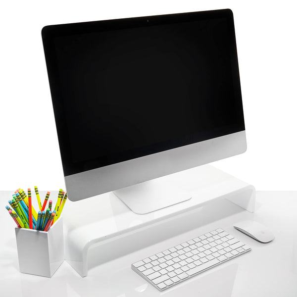 Acrylic Monitor Stand with Matching Pen Holder, 12mm Thick Clear Acrylic Monitor Riser, Laptop Stand for Home, Office, and Work. Computer Desk Riser with Keyboard Storage for LCD LED TV Screen (White)